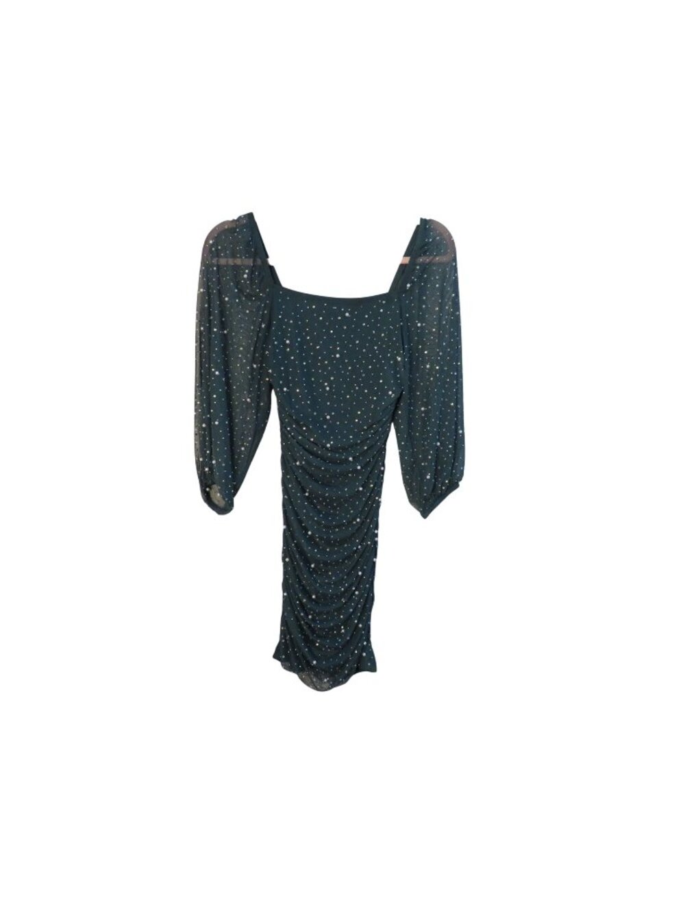 Extraordinary Rhinestone Ruched Mini Dress With Sheer Puff Sleeves Teal XS